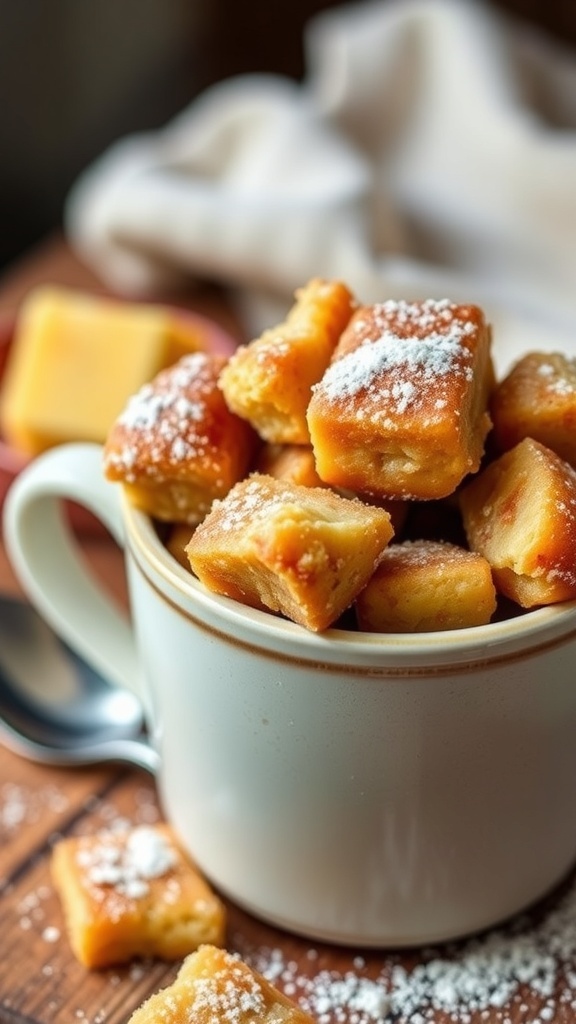 A mug filled with warm cinnamon monkey bread, garnished with powdered sugar, on a rustic wooden table.